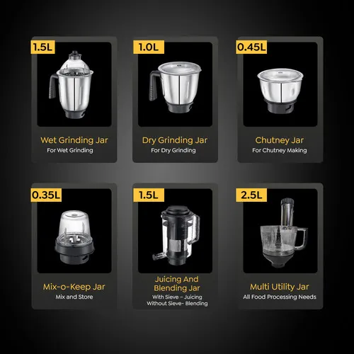 Prestige 1000 Watts Endura Pro Mixer Grinder with 6 Jars and Food Processor Attachments| Sturdy Stainless Steel Body| Ball Bearing Pure Copper Motor| See-Through Lids| Black  and Silver